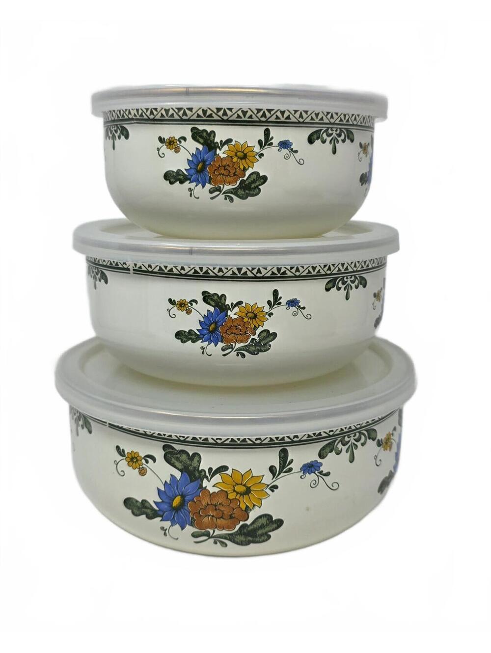 Vintage Enamelware Storage Bowls Lids Floral Nesting Farmhouse Cottagecore Decor